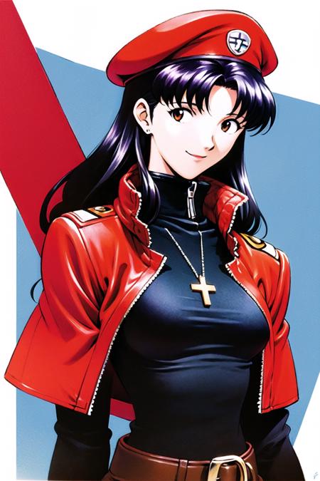 05402-2604793959-katsuragi misato, 1girl, jewelry, hat, jacket, red jacket, turtleneck, long sleeves, holding, open clothes, open jacket, long ha.png